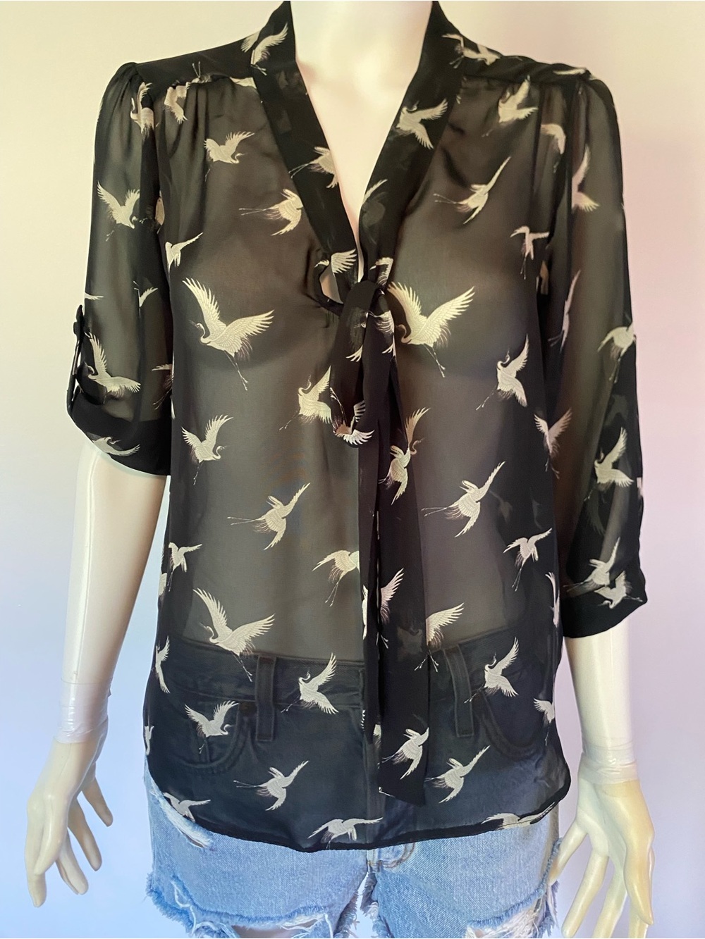 Dorothy Perkins Black Sheer Bird-Print Tie-Neck Blouse